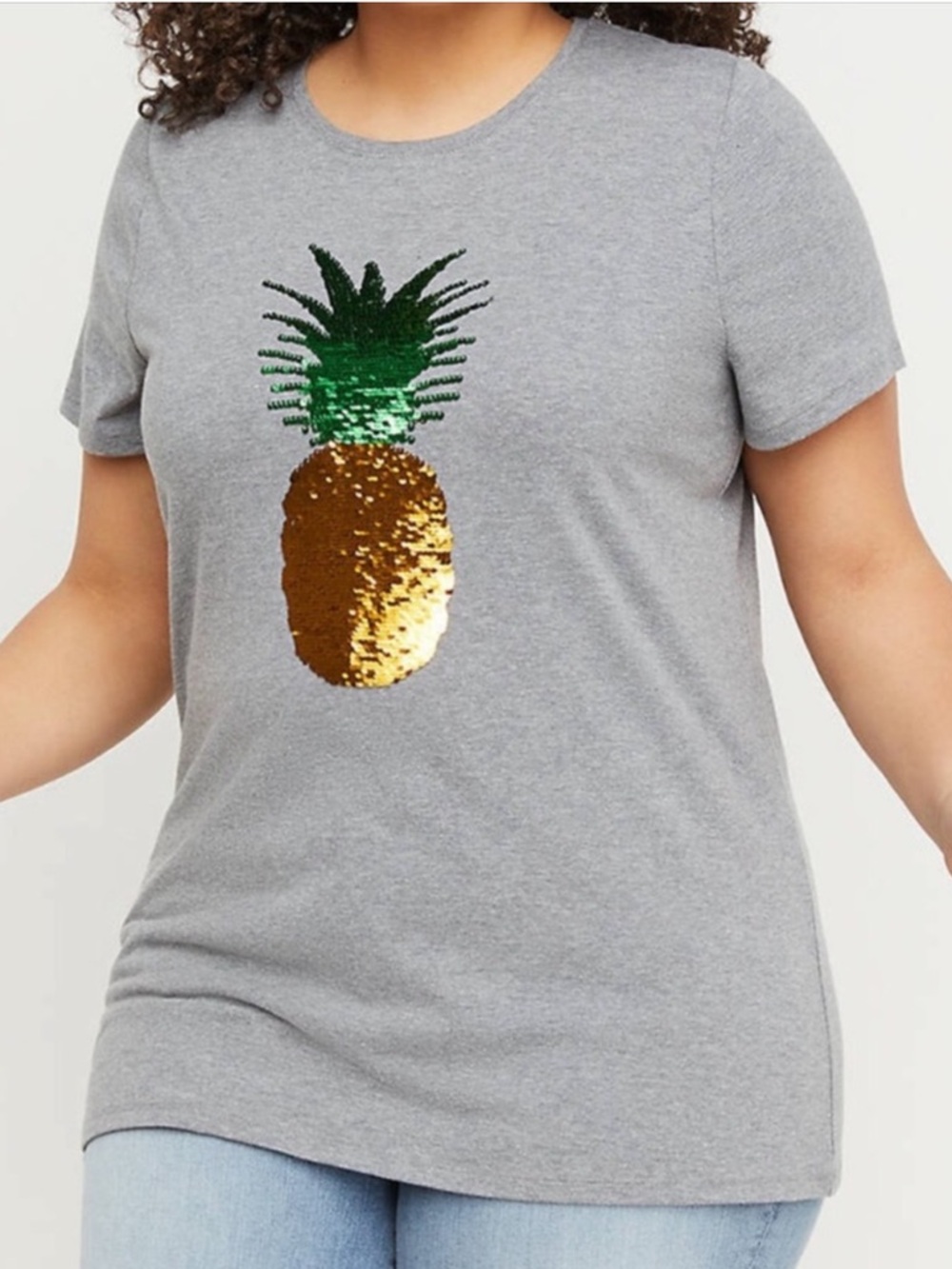 Lane Bryant Women 18/20 Gray Sequin Pineapple Casual Short Sleeve T-Shirt